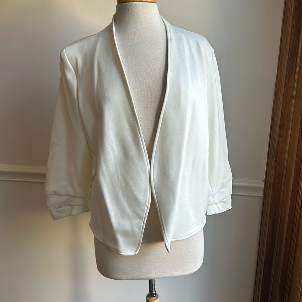 Carolina Belle Montreal White Open Jacket Cardigan Ruched Sleeves XL EUC